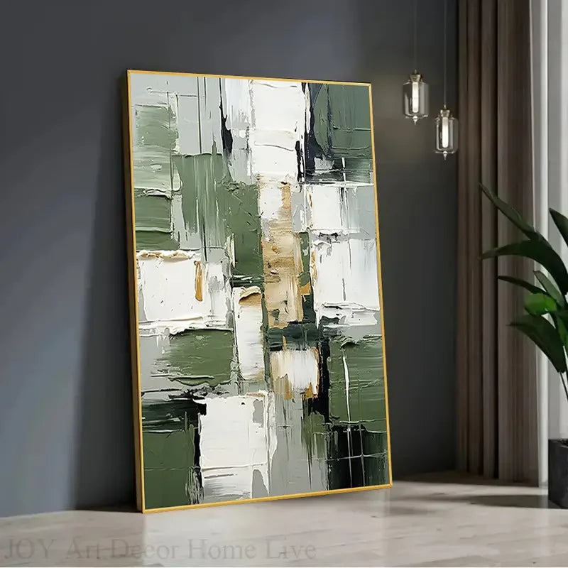 Large Abstract Oil Painting Canvas Hand-Painted Green White Gray Texture Modern Home Decor for Living Room Bedroom Home Decor