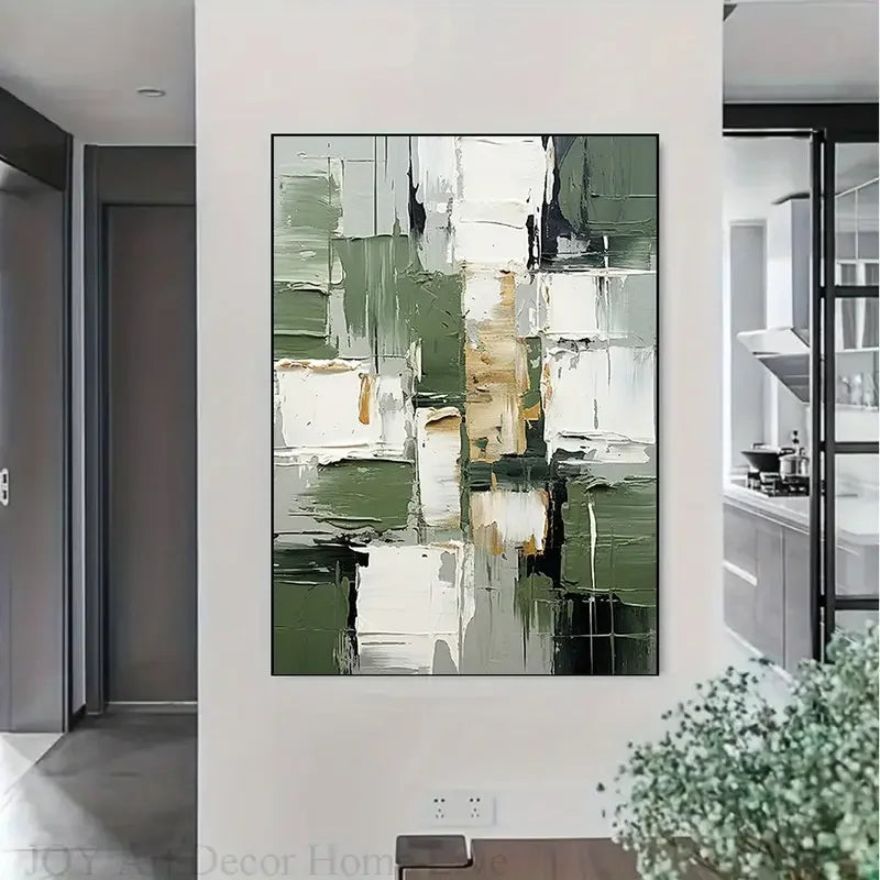 Large Abstract Oil Painting Canvas Hand-Painted Green White Gray Texture Modern Home Decor for Living Room Bedroom Home Decor