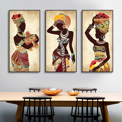 3Pcs Ethnic African Black Woman Canvas Painting Vintage Wall Art Figure Prints for Living Home Room Wall Decorative Pictures
