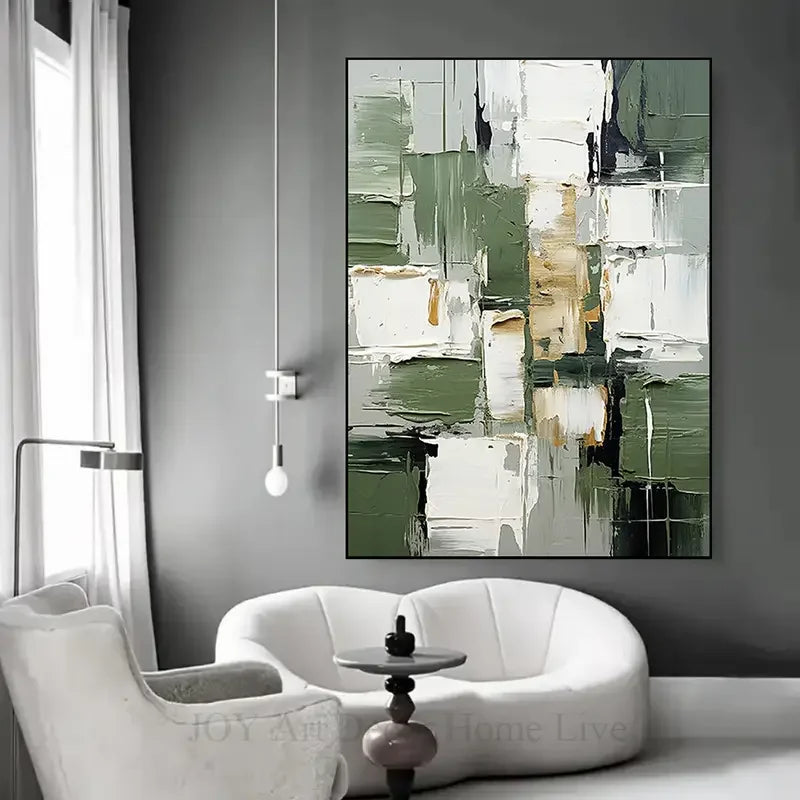 Large Abstract Oil Painting Canvas Hand-Painted Green White Gray Texture Modern Home Decor for Living Room Bedroom Home Decor