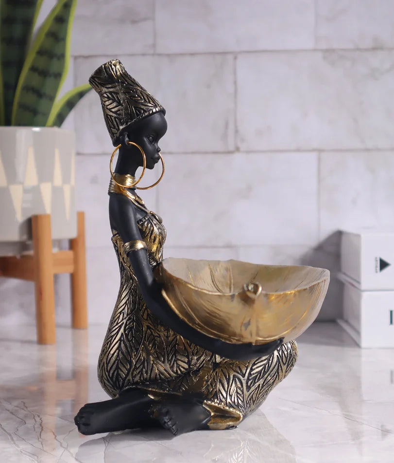 African Girl Holding a Plate Sculpture, Home and Office Decorative Storage Ornament, Vintage Collectible Craft Deskt Decor