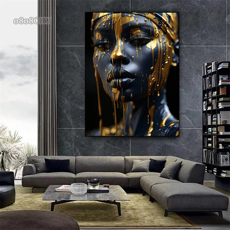 Golden Radiant African Beauty Art Posters Print Canvas Painting Modern Fashion Portrait Wall Art Mural for Liivng Room Decor