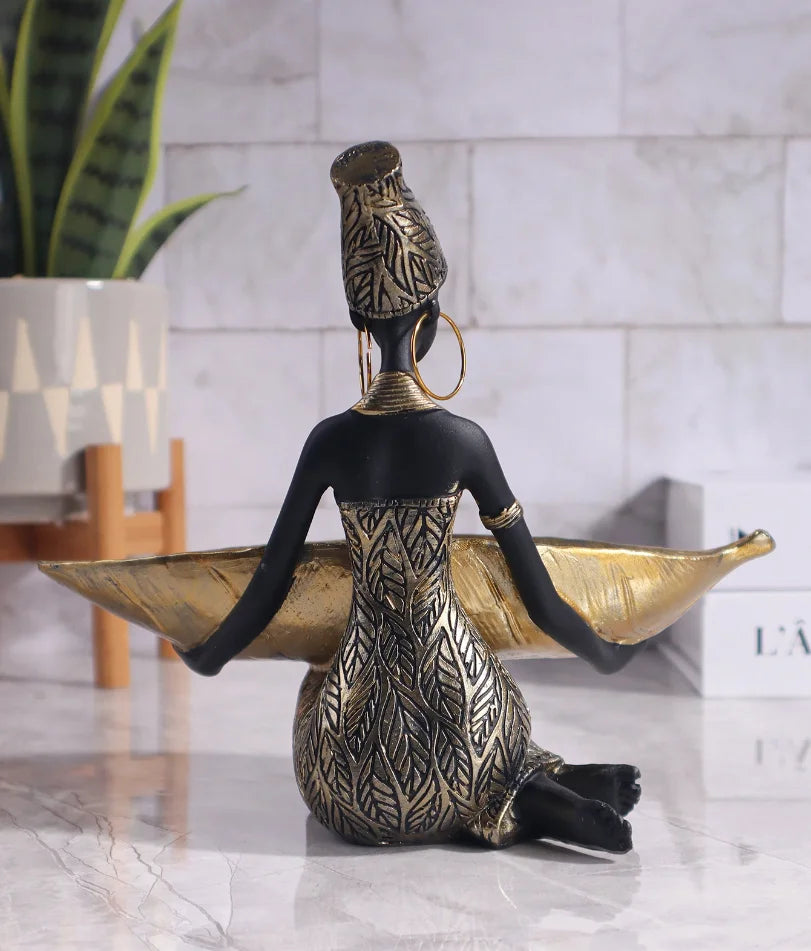 African Girl Holding a Plate Sculpture, Home and Office Decorative Storage Ornament, Vintage Collectible Craft Deskt Decor