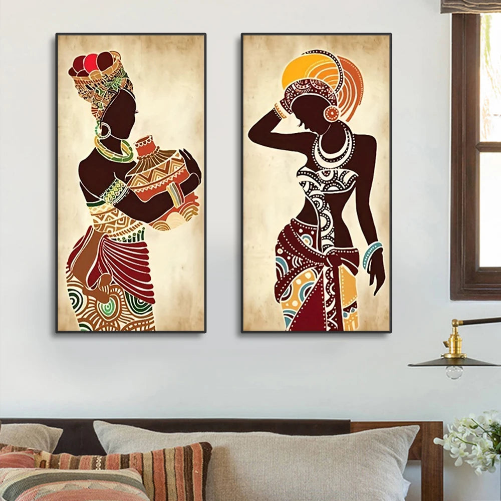 3Pcs Ethnic African Black Woman Canvas Painting Vintage Wall Art Figure Prints for Living Home Room Wall Decorative Pictures