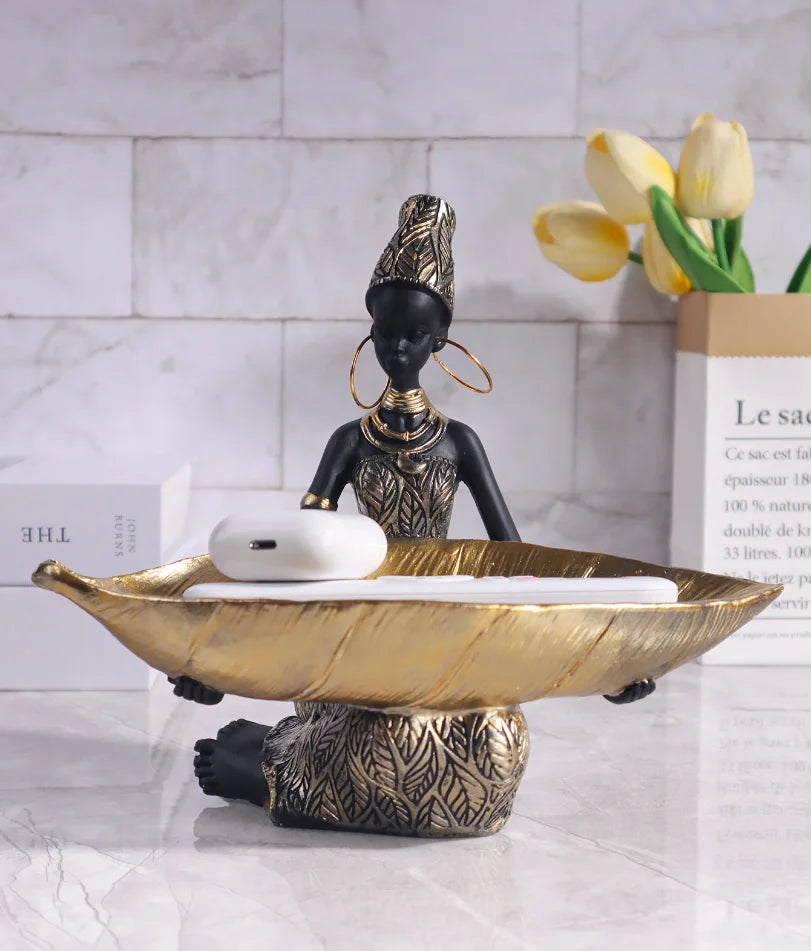 African Girl Holding a Plate Sculpture, Home and Office Decorative Storage Ornament, Vintage Collectible Craft Deskt Decor