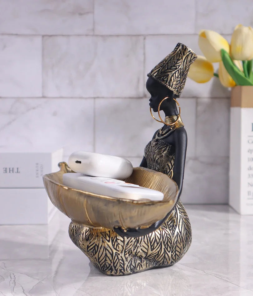 African Girl Holding a Plate Sculpture, Home and Office Decorative Storage Ornament, Vintage Collectible Craft Deskt Decor