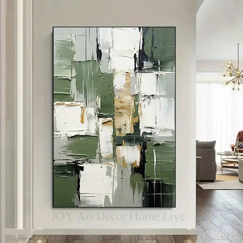 Large Abstract Oil Painting Canvas Hand-Painted Green White Gray Texture Modern Home Decor for Living Room Bedroom Home Decor