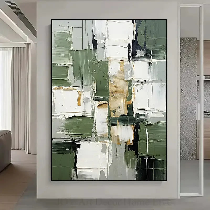 Large Abstract Oil Painting Canvas Hand-Painted Green White Gray Texture Modern Home Decor for Living Room Bedroom Home Decor