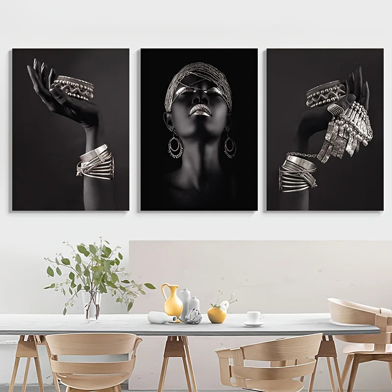 3Pcs African Black Women with Gold Jewelry Wall Art Posters Perfect Living Room Prints Canvas for Home Wall Art Decor Pictures
