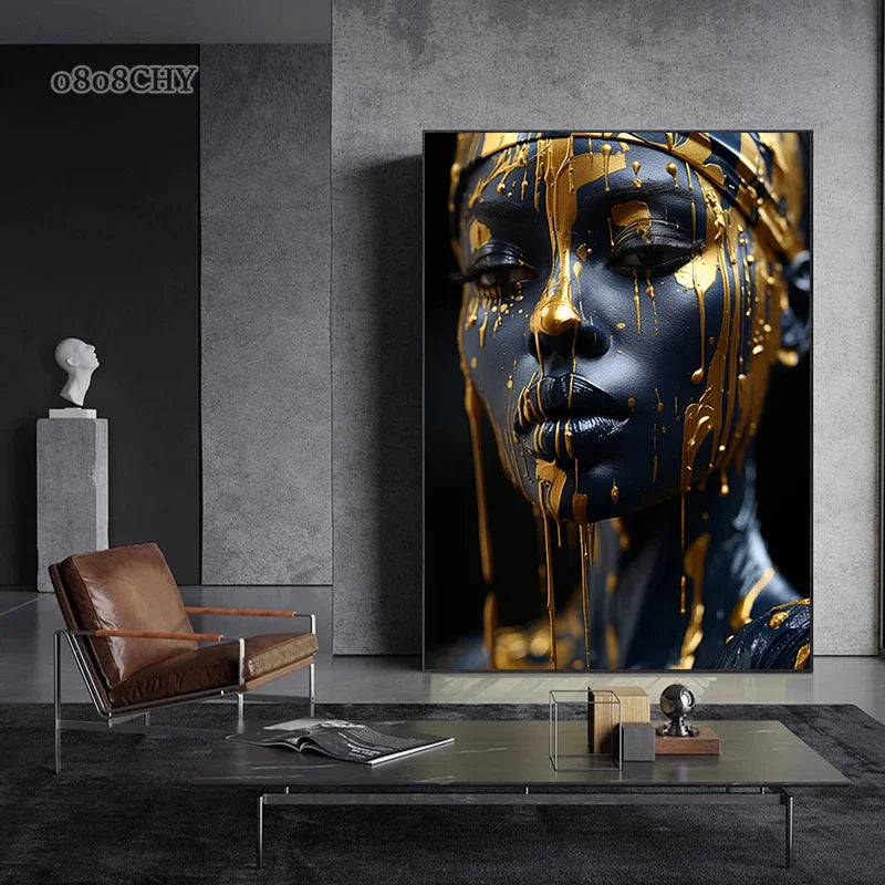 Golden Radiant African Beauty Art Posters Print Canvas Painting Modern Fashion Portrait Wall Art Mural for Liivng Room Decor