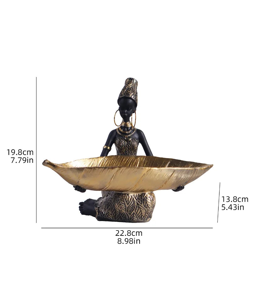 African Girl Holding a Plate Sculpture, Home and Office Decorative Storage Ornament, Vintage Collectible Craft Deskt Decor