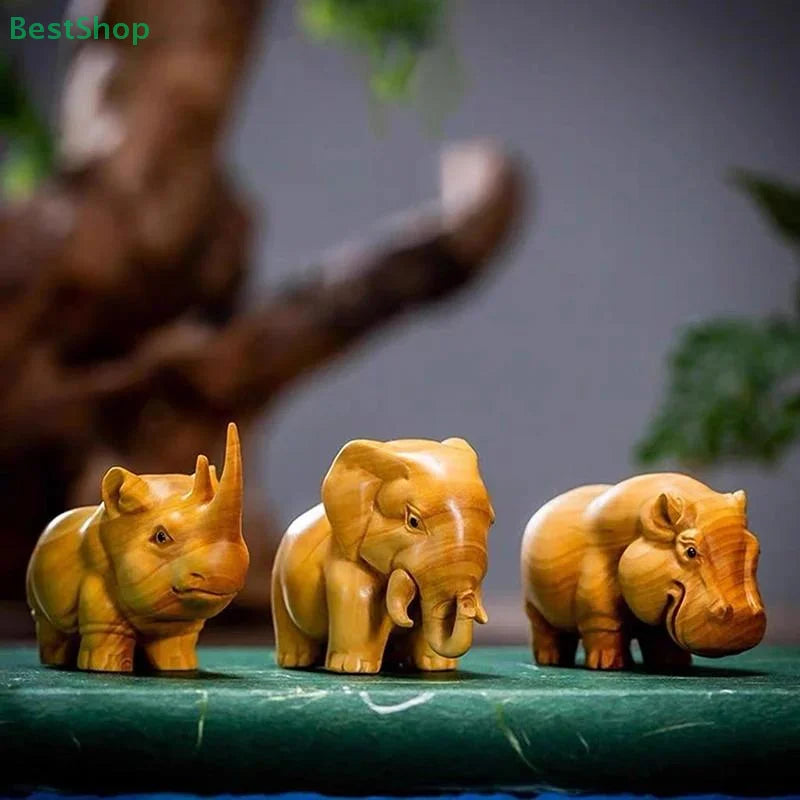 💖Wooden Carved African Trio:Rhinoceros,Hippopotamus,And Elephant Figurines,Creative Car and Home Decor Crafts