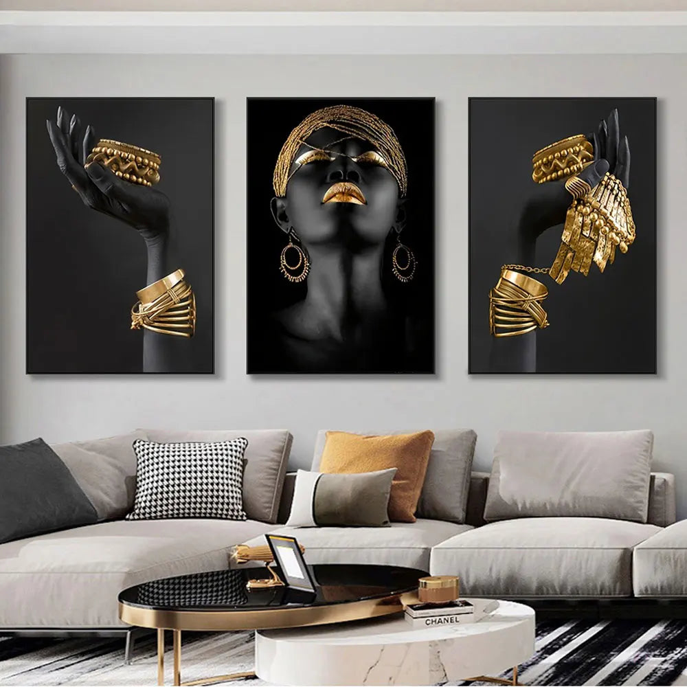 3Pcs African Black Women with Gold Jewelry Wall Art Posters Perfect Living Room Prints Canvas for Home Wall Art Decor Pictures