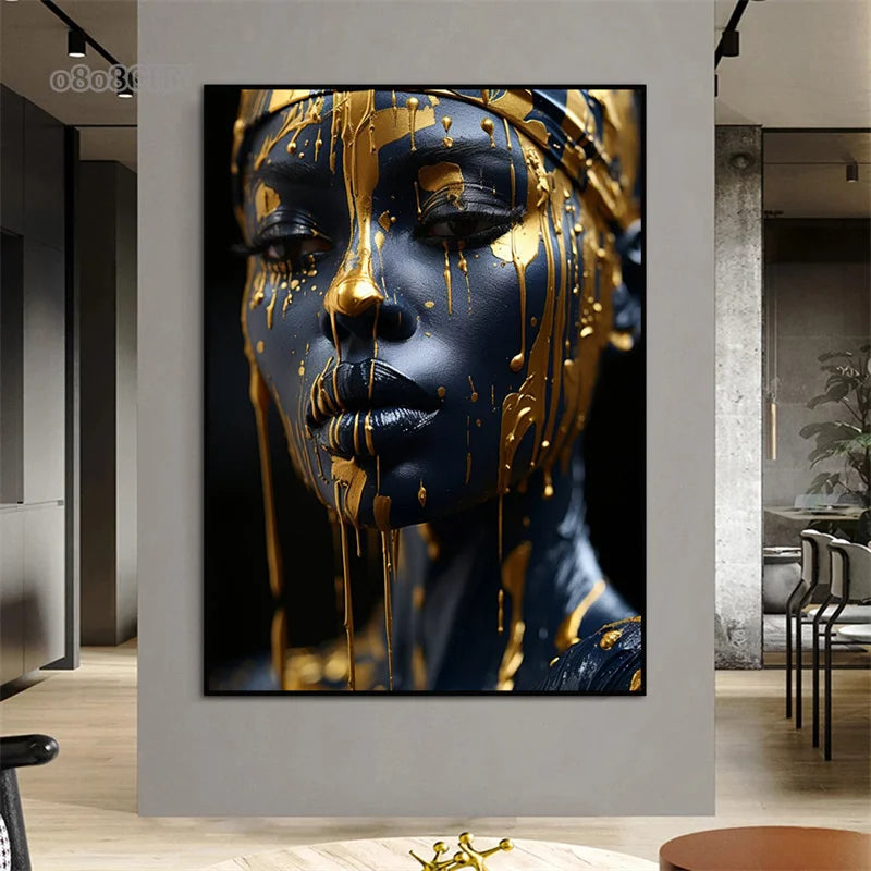 Golden Radiant African Beauty Art Posters Print Canvas Painting Modern Fashion Portrait Wall Art Mural for Liivng Room Decor
