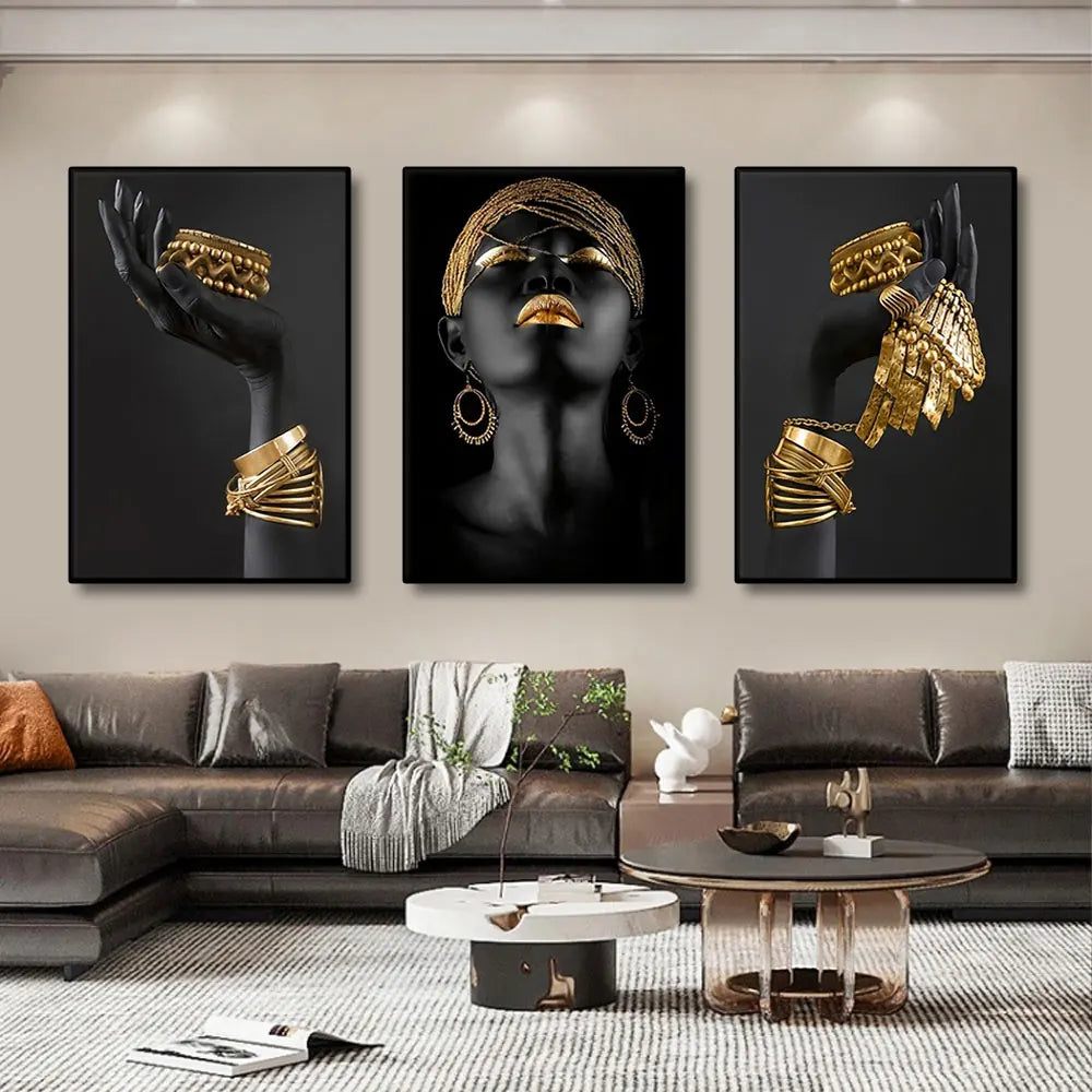 3Pcs African Black Women with Gold Jewelry Wall Art Posters Perfect Living Room Prints Canvas for Home Wall Art Decor Pictures