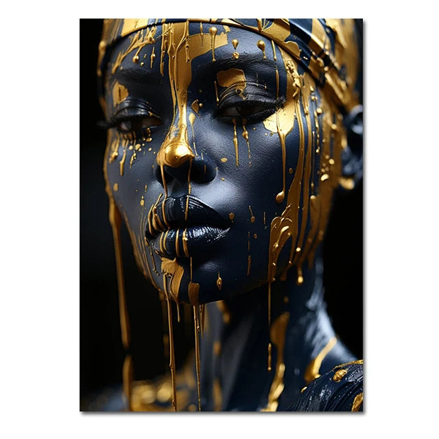 Golden Radiant African Beauty Art Posters Print Canvas Painting Modern Fashion Portrait Wall Art Mural for Liivng Room Decor