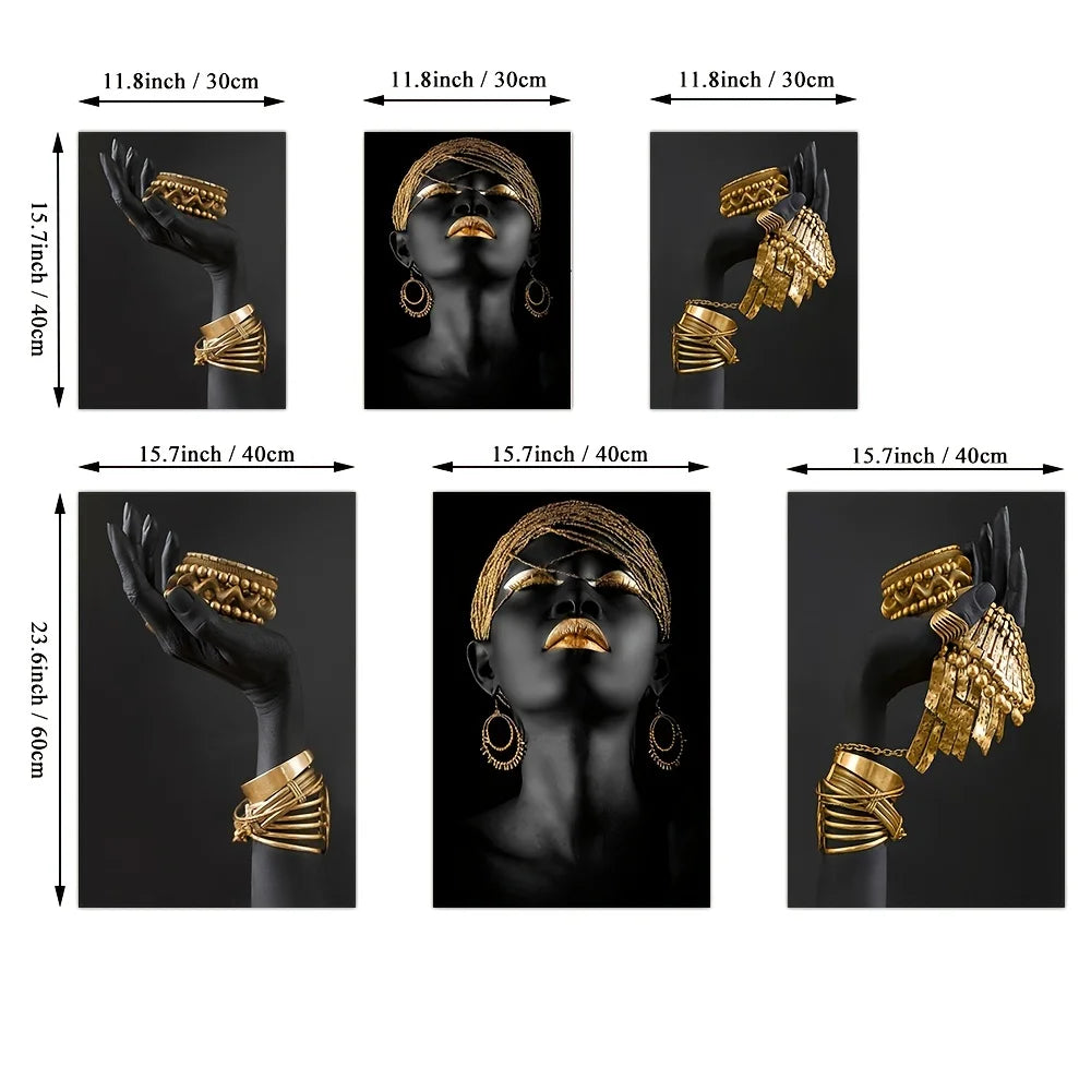 3Pcs African Black Women with Gold Jewelry Wall Art Posters Perfect Living Room Prints Canvas for Home Wall Art Decor Pictures