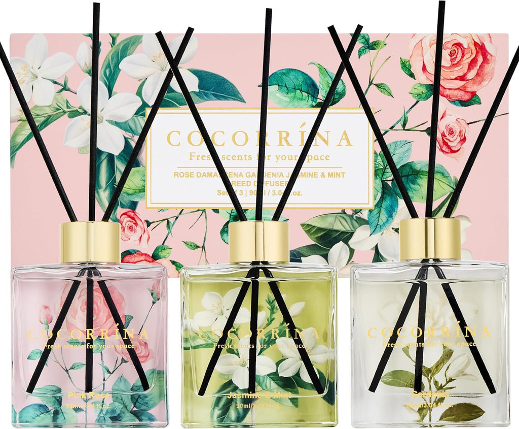 Reed Diffuser Set of 3-3 Pack/ 3.04 Fl.Oz Diffuser with 24 Sticks Cashmere Vanilla/Sandalwood Rose/Clean Linen Reed Diffuser for Home Bathroom Office Decor