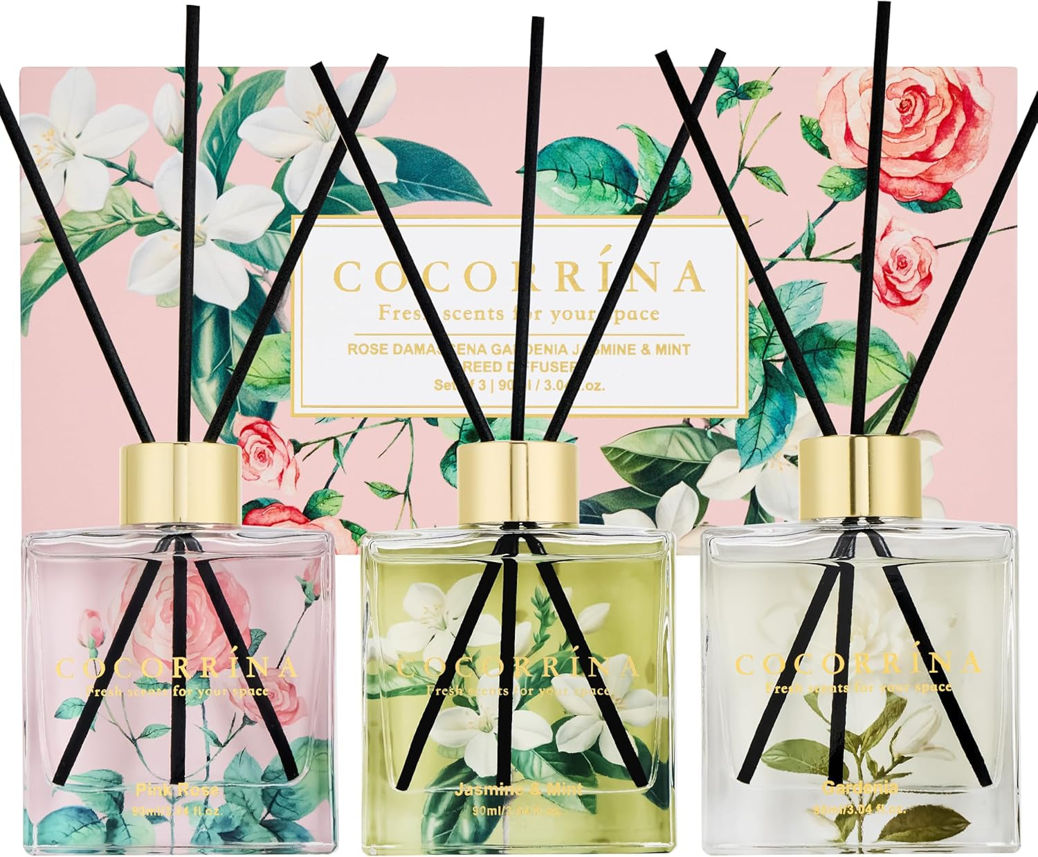 Reed Diffuser Set of 3-3 Pack/ 3.04 Fl.Oz Diffuser with 24 Sticks Cashmere Vanilla/Sandalwood Rose/Clean Linen Reed Diffuser for Home Bathroom Office Decor