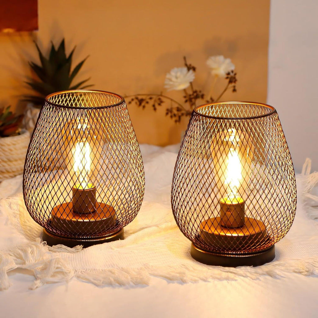 Set of 2 Metal Cage LED Lantern Battery Powered Cordless Accent Light with LED Great for Weddings Parties Patio Events for Indoors Outdoors