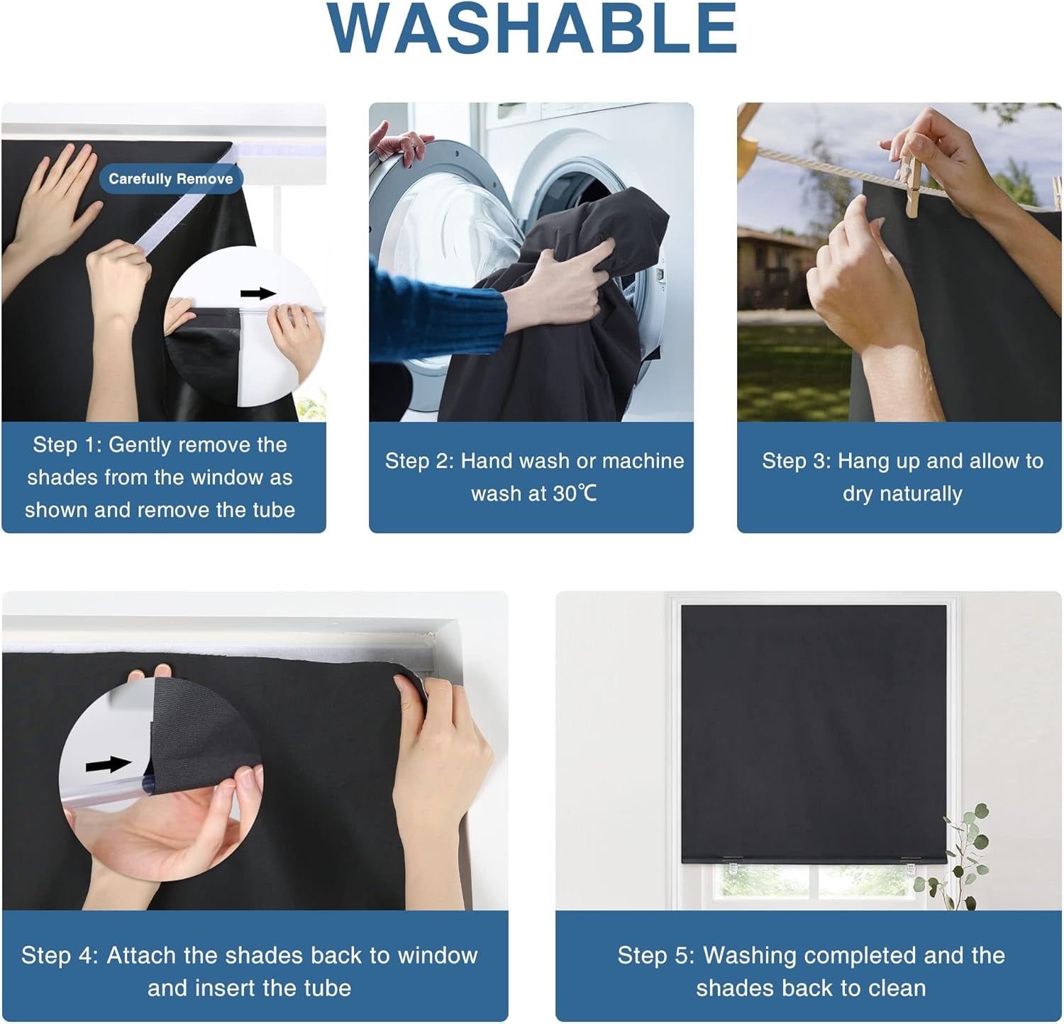 100% Blackout Roller Shades, No Tools No Drill Cordless Blinds for Windows, Thermal Insulated UV Protection Privacy Window Shades for Bedroom (36''W X 72''H, Black)