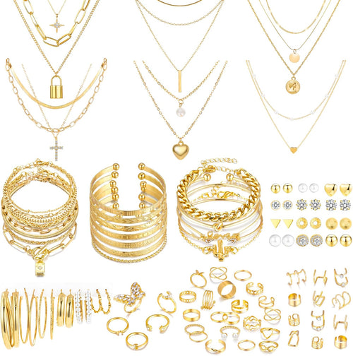 93 Pcs Golden Jewelry Set for Women Costume Jewelry Pack Golden Plated Necklace Bracelet Stackable Ring Earrings Jewelry for Christmas New Year