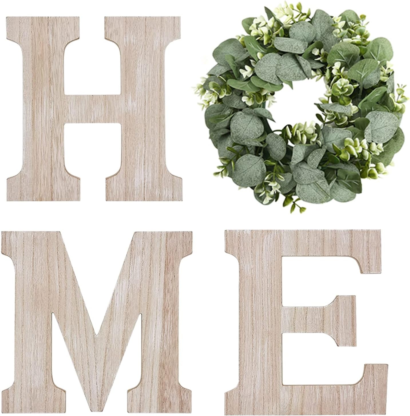 Wood Home Sign with Artificial Eucalyptus Wreath for O, Hanging Farmhouse Wall House Decor Wood Letters for Wall Art Rustic Home Decor, Wall Decor for Living Room Kitchen Entryway (Black)