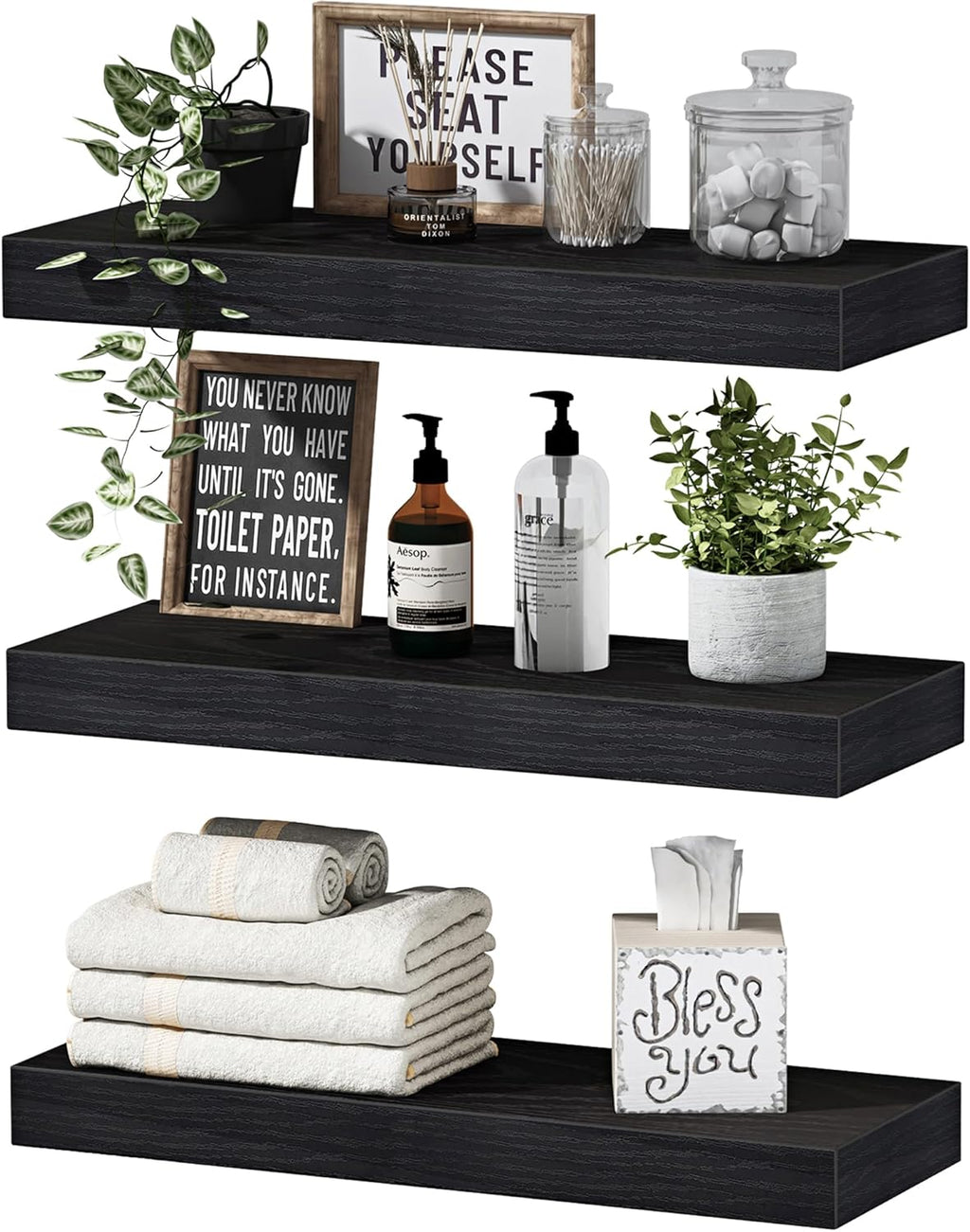 Floating Shelves for Wall Bathroom Shelf Bedroom Kitchen Living Room Hanging Book Shelves Small Farmhouse Decor 16 Inch Set of 3, Rustic Brown (015-BN3)