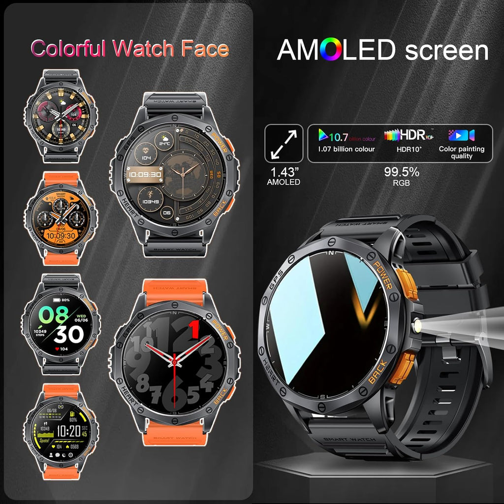 Military Smart Watches Built-In GPS, 170+ Sport Modes for Men with Flashlight, Smartwatch for Android Phones and Iphone, 1.43" AMOLED Screen Bluetooth Call Compass Altimeter (Black & Orange (2 Bands))