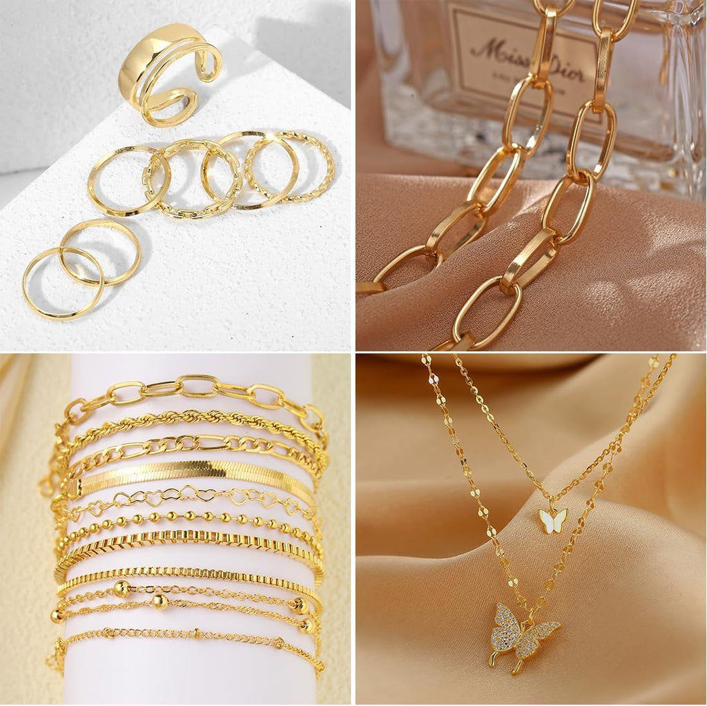 47Pcs Gold Jewelry Set with 3 PCS Necklace, 11 PCS Bracelet,20Pcs Hoop Stud Earrings,7Pcs Rings Set for Women for Birthday Gifts