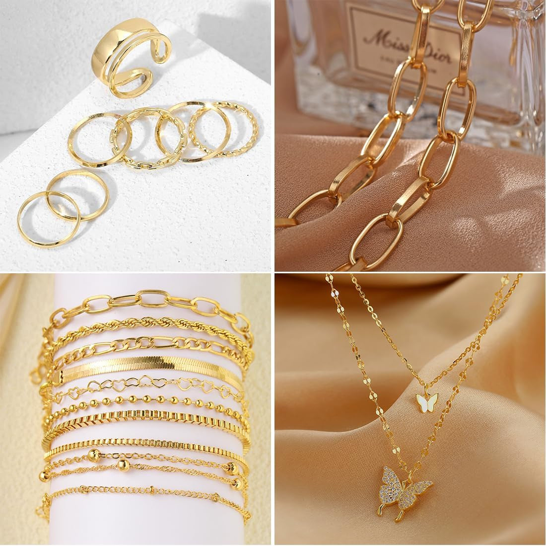 47Pcs Gold Jewelry Set with 3 PCS Necklace, 11 PCS Bracelet,20Pcs Hoop Stud Earrings,7Pcs Rings Set for Women for Birthday Gifts