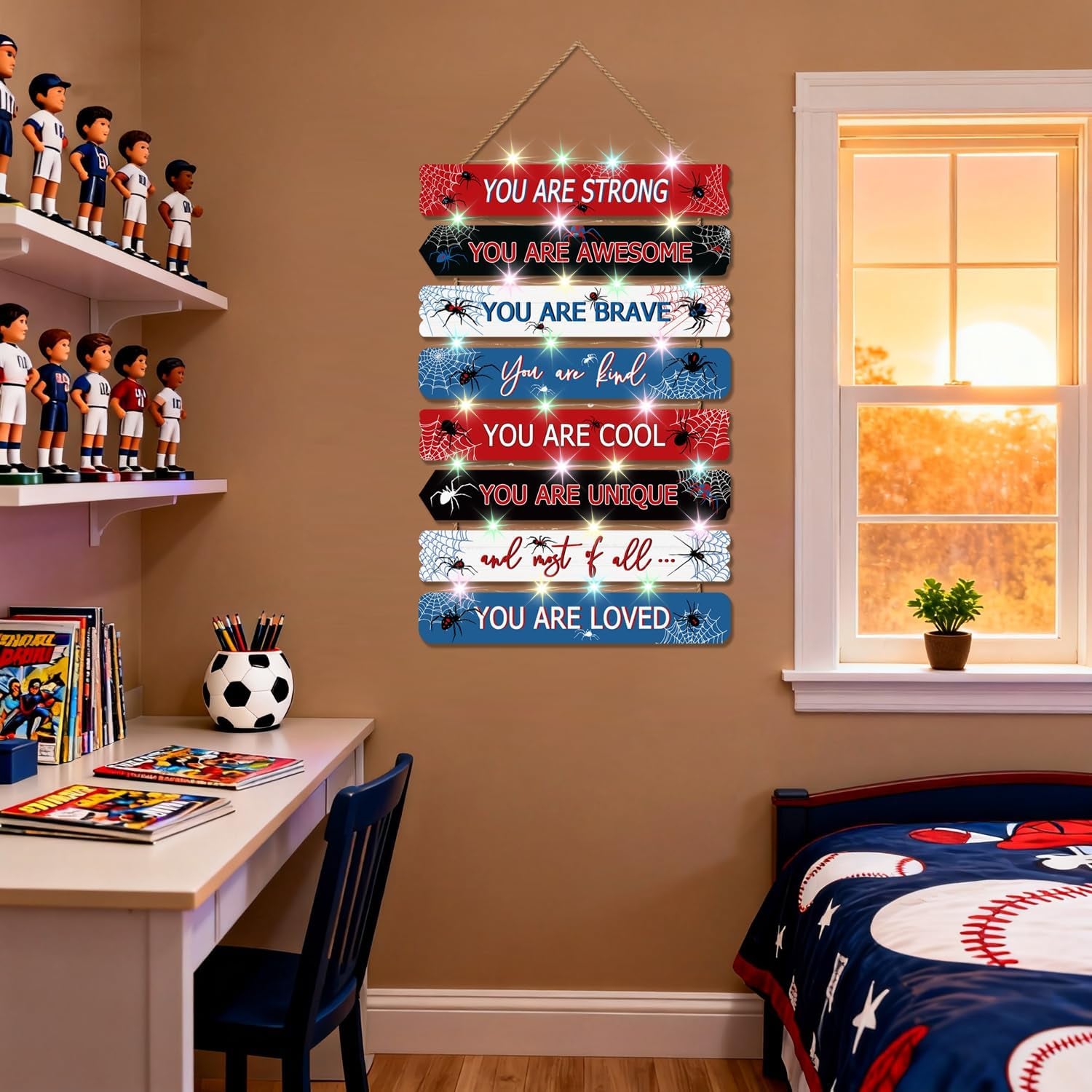Spider Room Decor with LED Lights Bedroom Boys Room Wall Decor Children Inspirational Motivational Wall Art Wooden Wall Decor Little Boy Kids Room Interior Decor Toddler Room Sign