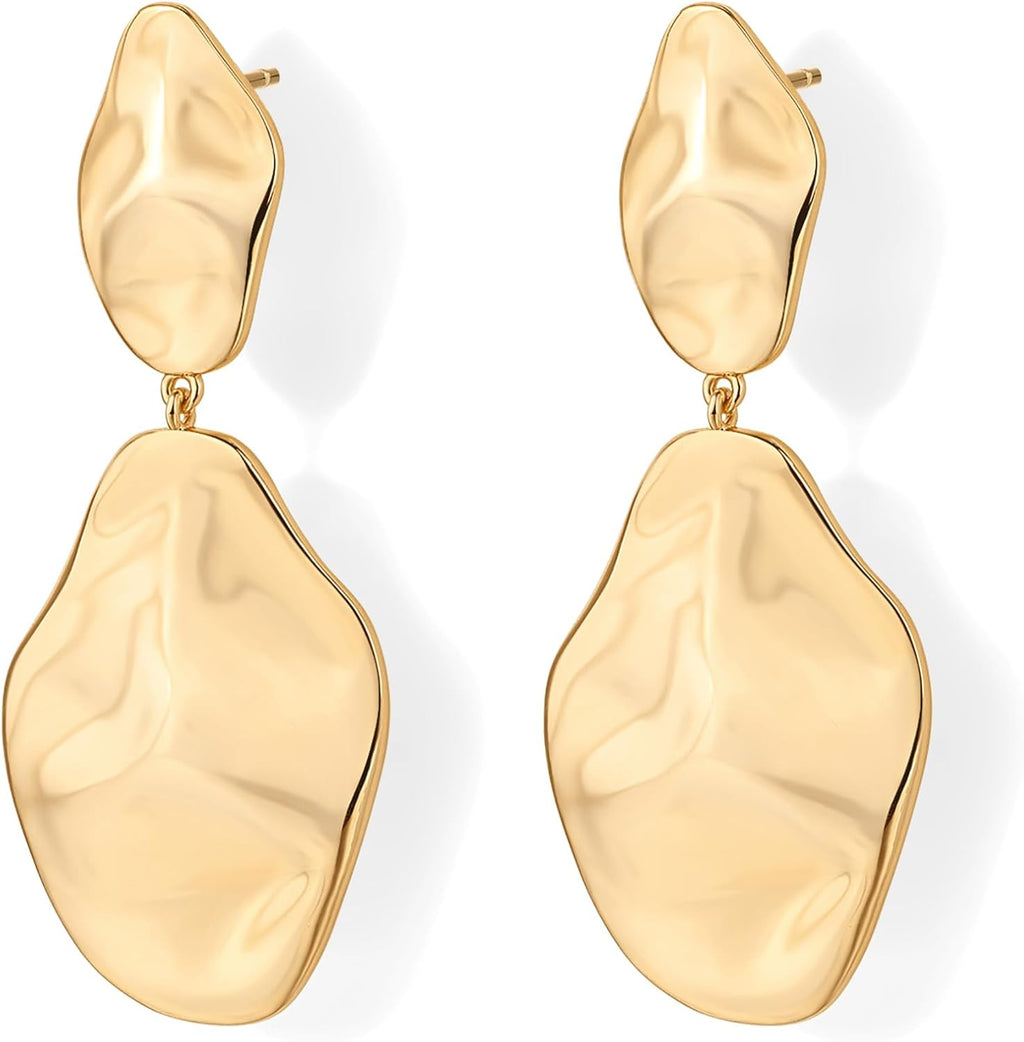14K Gold Plated 925 Sterling Silver Posts Teardrop Statement Dangle Earrings | Lightweight Hammered Drop Dangle Earrings for Women