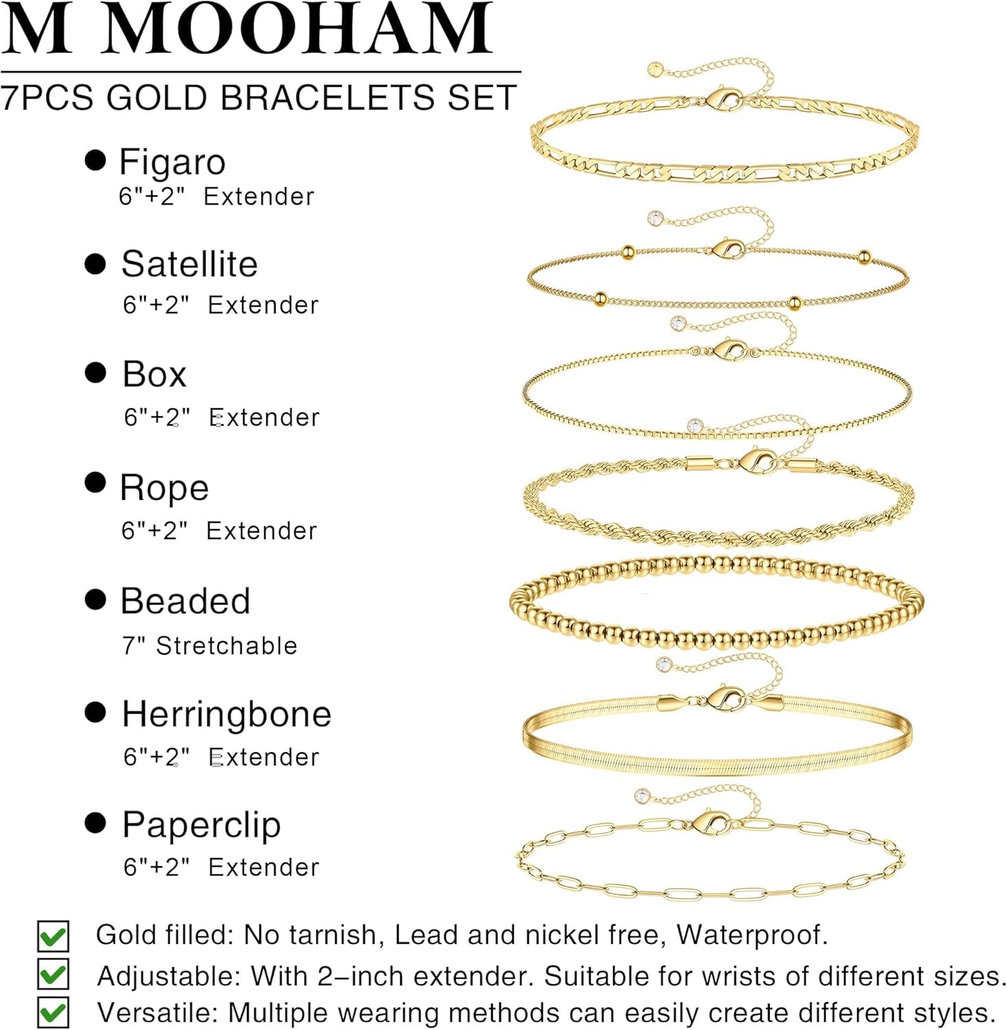 Gold Bracelets for Women - 14K Real Gold Plated Beaded Bracelets Set Rope Paperclip Chain Stackable Bracelet Non Tarnish, Friendship Birthday Jewelry Gifts for Women Teen