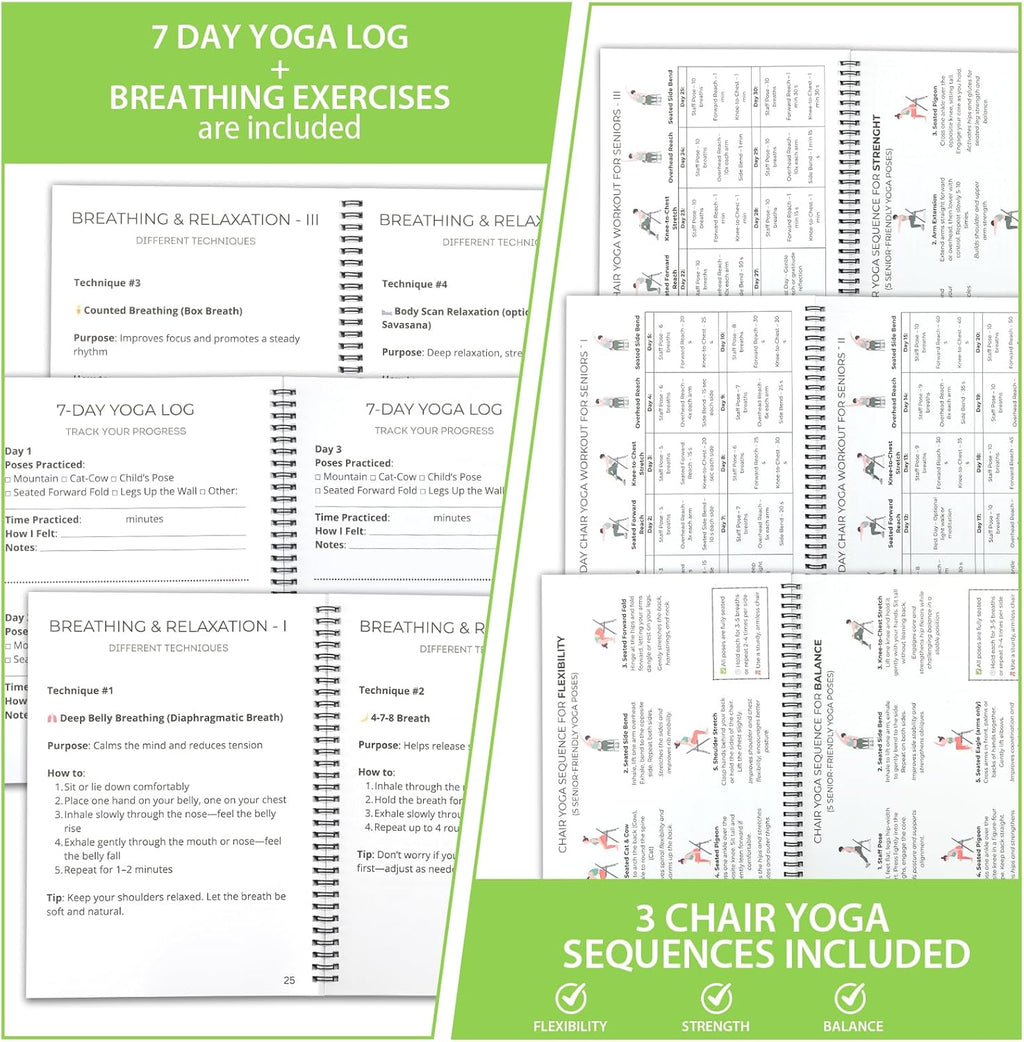 Chair Yoga for Seniors over 60 Book & Chart, Gentle Seated Chair Yoga Guide, 30-Day Challenge for Flexibility & Balance, A4 Size Easy to Follow Chair Yoga Routine for Older Adults