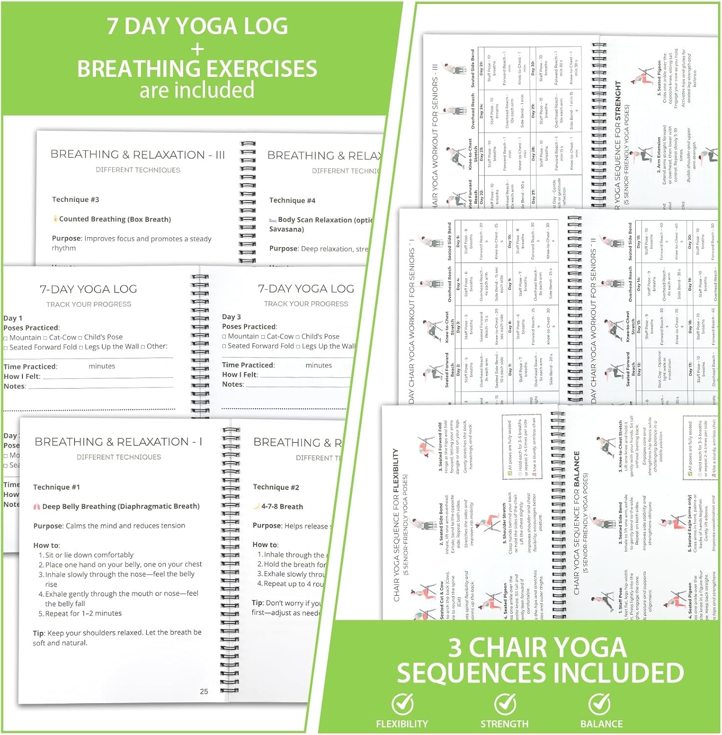 Chair Yoga for Seniors over 60 Book & Chart, Gentle Seated Chair Yoga Guide, 30-Day Challenge for Flexibility & Balance, A4 Size Easy to Follow Chair Yoga Routine for Older Adults