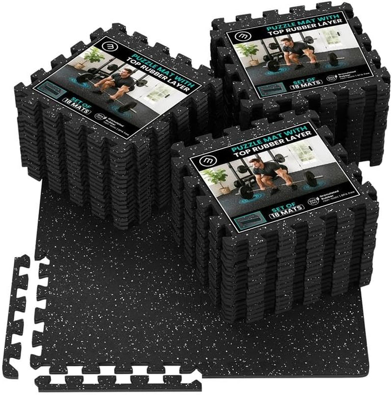 Gym Mats Set - 18 Pcs EVA Interlocking Foam Floor Tiles (12.6"X12.6"X0.4") 18Sqft Protective Gym Flooring Sports Home Workout Exercise Mats Puzzle Garage Fitness Play-Room Pool Treadmill Bike