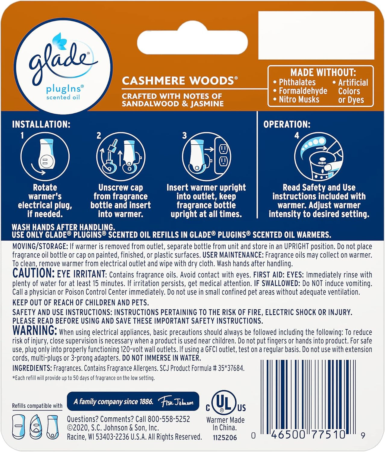 Plugins Refills Air Freshener Starter Kit, Cashmere Woods, Scented and Essential Oils for Home and Bathroom, 0.67 Fl Oz, 1 Warmer + 1 Refill