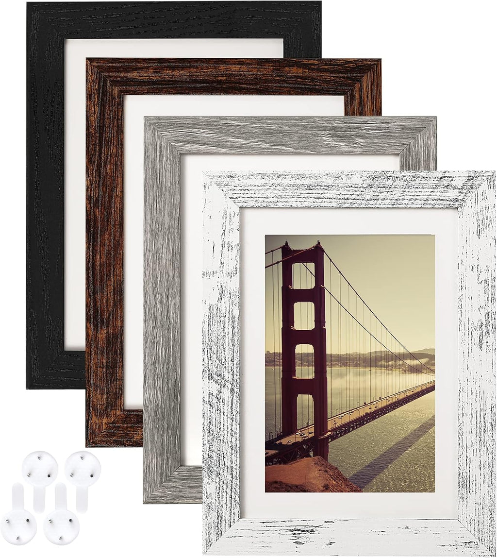4X6 Picture Frame Distressed Farmhouse Wood Pattern Set of 4,Display 3.5X5 with Mat or 4X6 without Mat,Multicolour