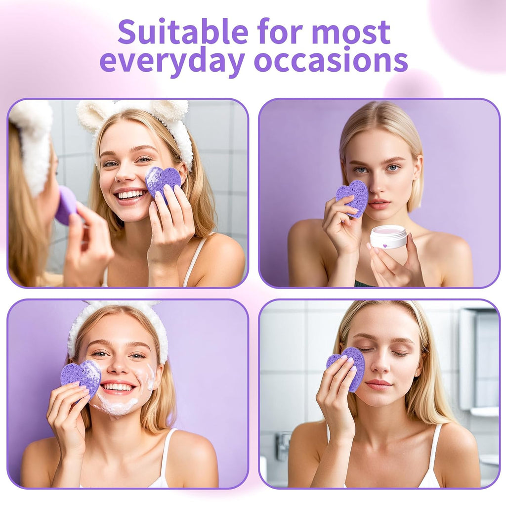 100-Count Compressed Facial Sponges, Heart Shape Face Sponge for Cleansing, Natural Cosmetic Spa Sponges for Facial Cleansing, Exfoliating Mask (Purple Heart Sponges)