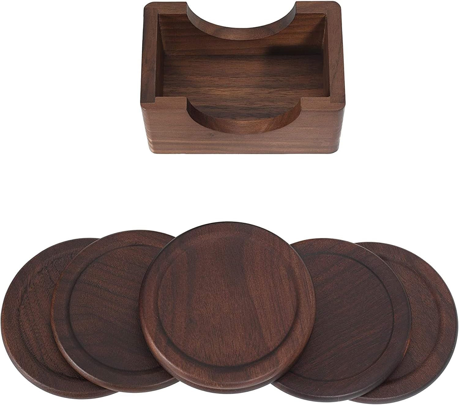 Classic Walnut Dark Coaster Set of 6 Pieces. Including the Holder Pure Natural Wood and Texture. Wonderful Decor for Dining Tables and Office Tables