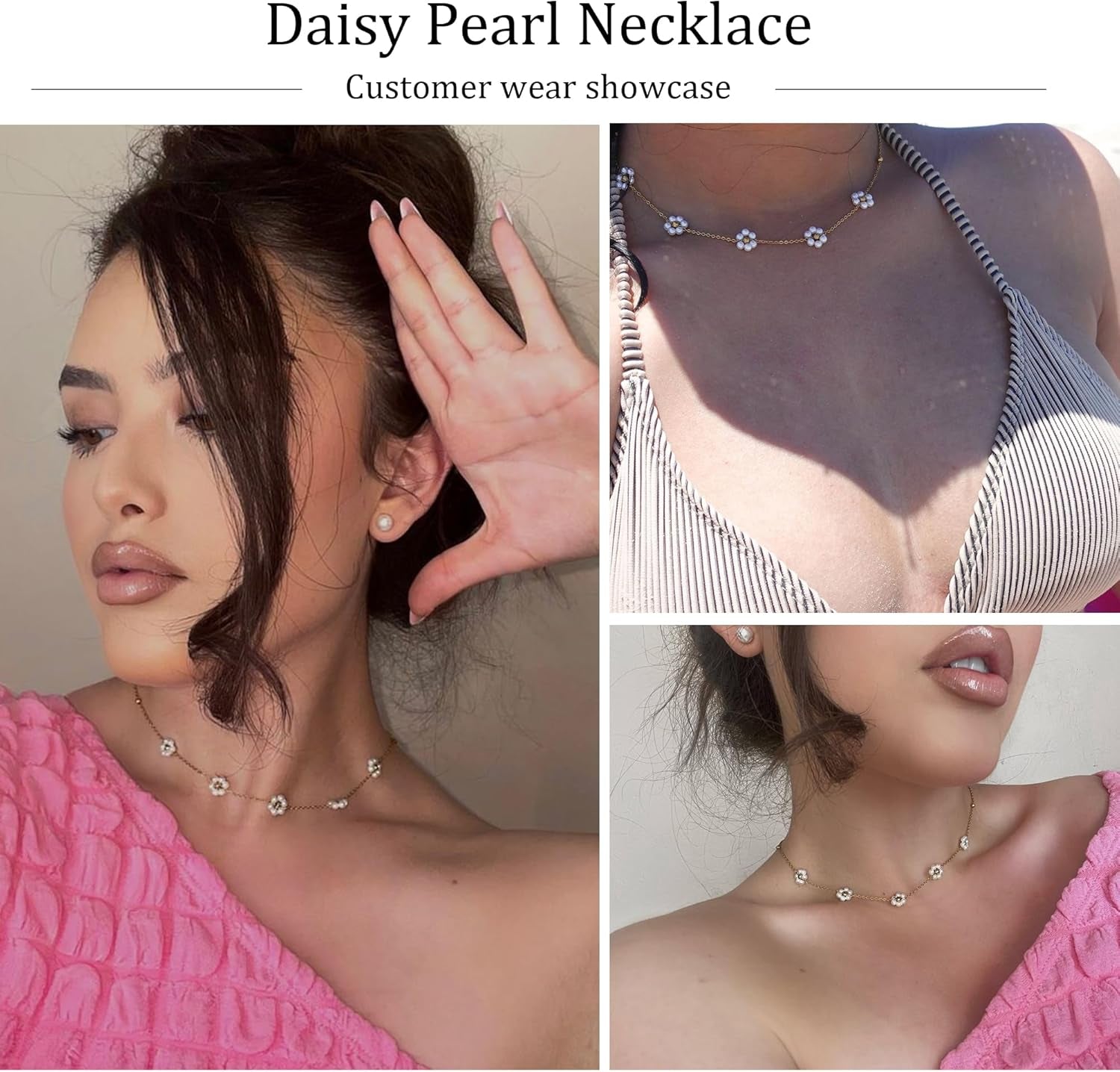Pearl Necklaces, Daisy Pearls Choker for Women'S Pearl Strand Necklaces as Silver and Gold Choker for Teens, Silver Daisy Birthday Gifts 3 Pearls White Necklace as Prom Bridesmaid Gifts