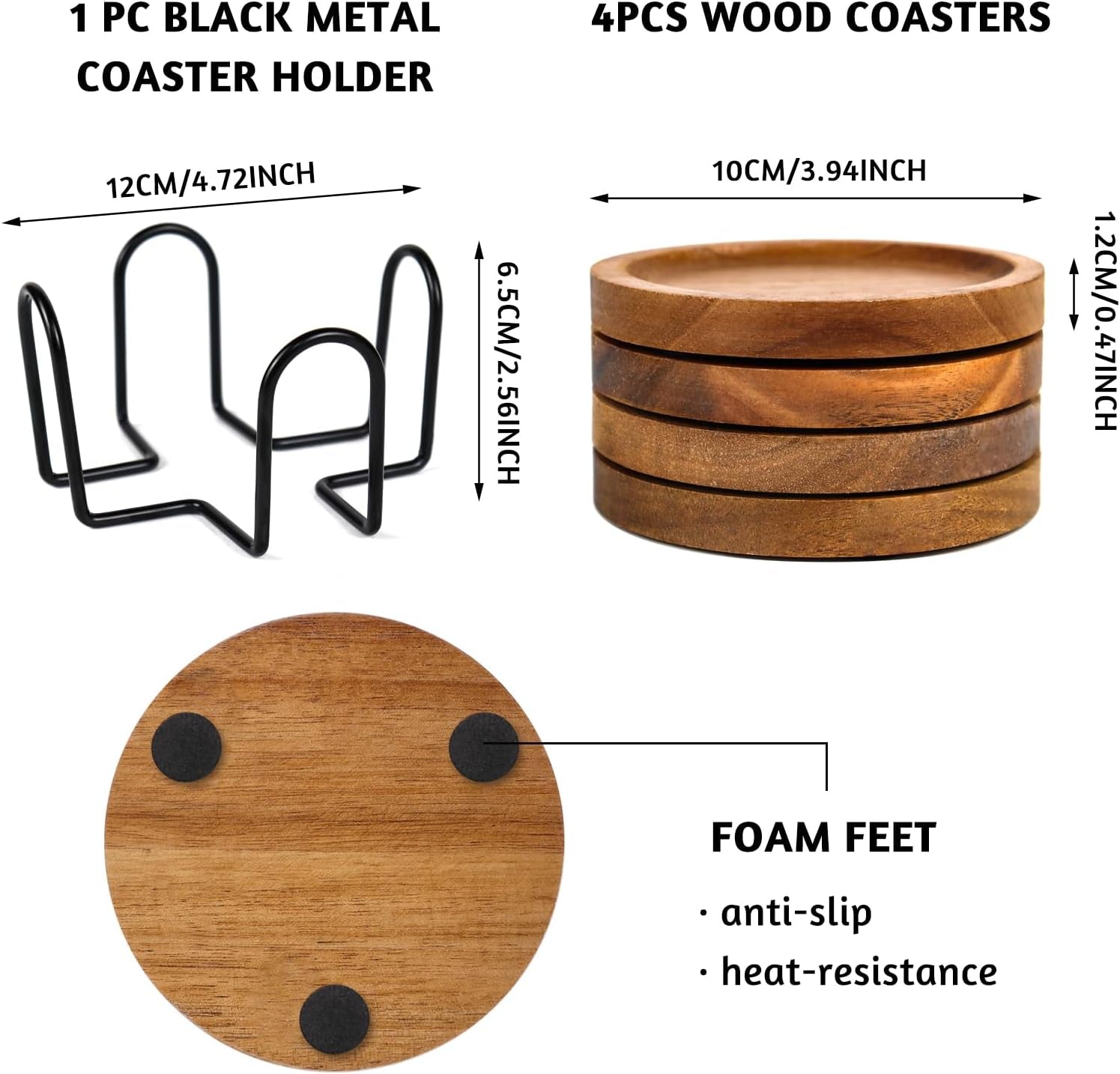 Acacia Wood Coasters Set of 4 with Holder – Natural Wooden Drink Coasters with Foam Feet, Anti-Slip & Heat-Resistant – Elegant Rustic Home Decor & Perfect Housewarming Gift