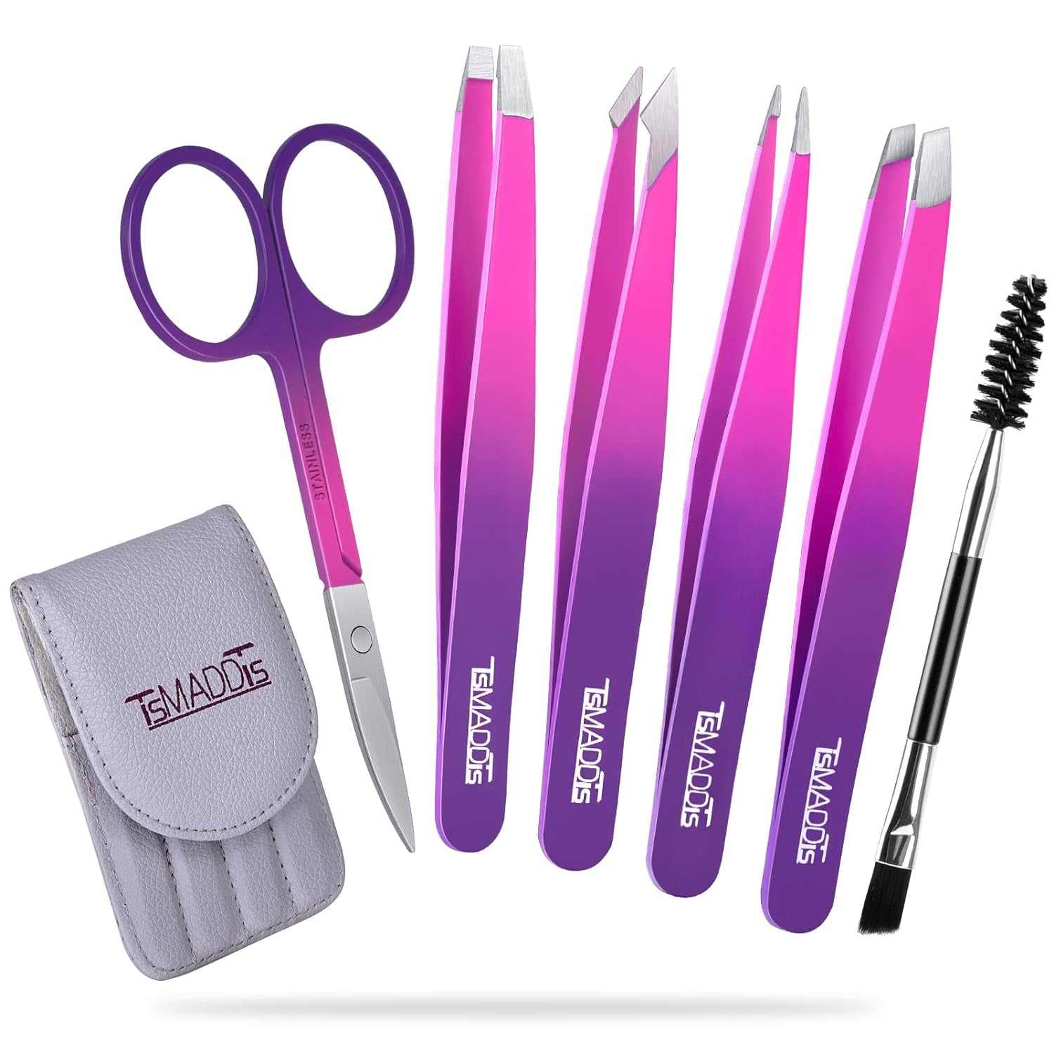 6 Pcs Tweezers Set for Women, Eyebrow Tweezers with Curved Scissor for Ingrown Hair, Hair Plucking Daily Beauty Tools with Leather Travel Case