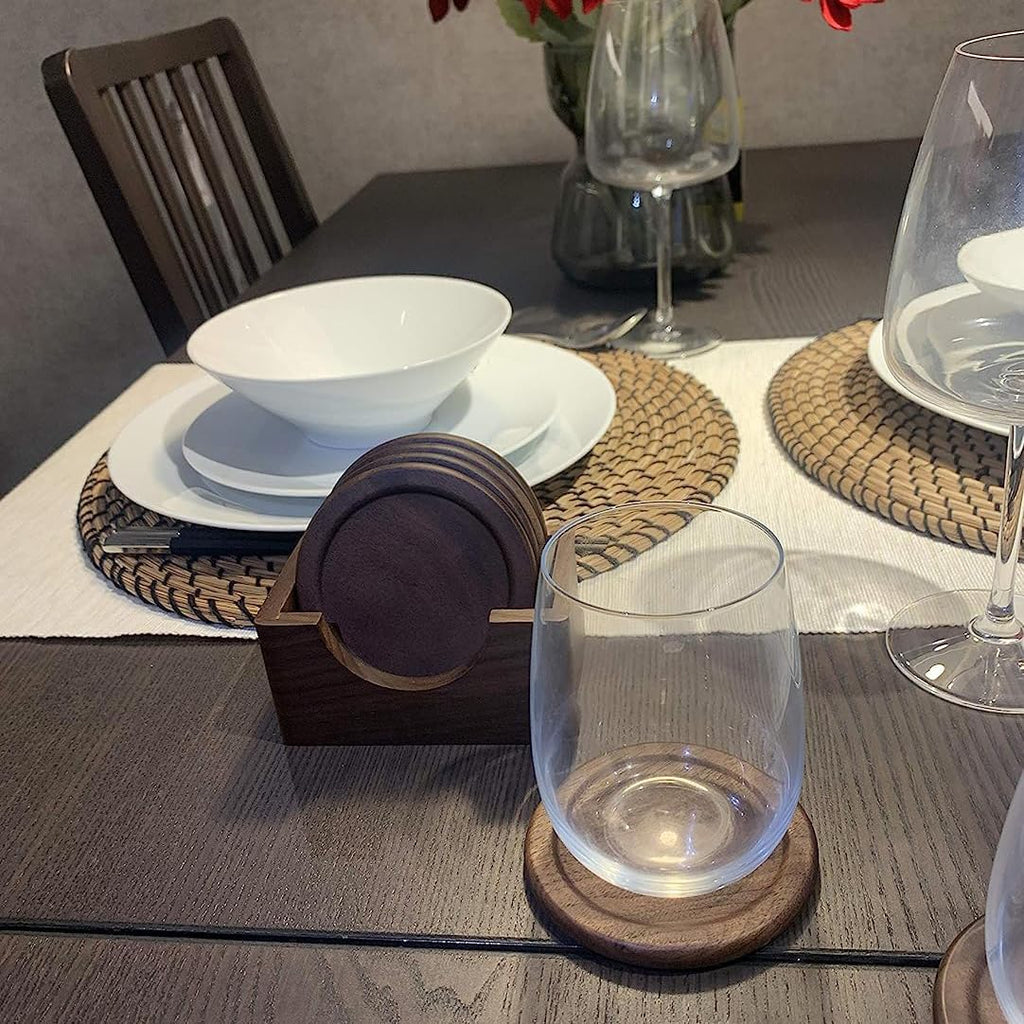 Classic Walnut Dark Coaster Set of 6 Pieces. Including the Holder Pure Natural Wood and Texture. Wonderful Decor for Dining Tables and Office Tables