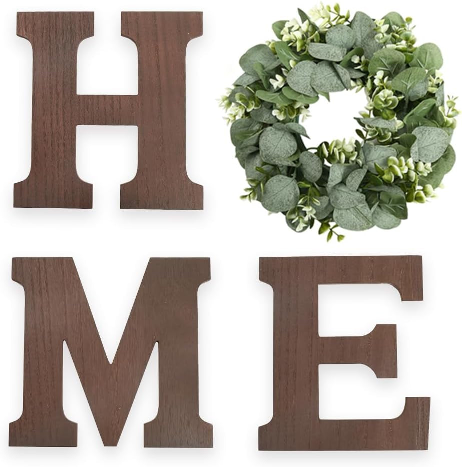 Wood Home Sign with Artificial Eucalyptus Wreath for O, Hanging Farmhouse Wall House Decor Wood Letters for Wall Art Rustic Home Decor, Wall Decor for Living Room Kitchen Entryway (Black)