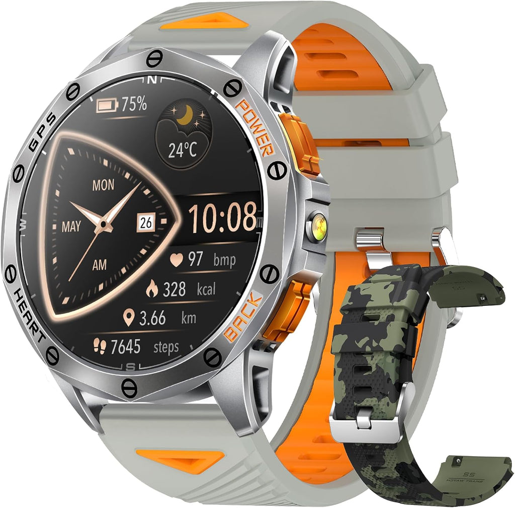 Military Smart Watches Built-In GPS, 170+ Sport Modes for Men with Flashlight, Smartwatch for Android Phones and Iphone, 1.43" AMOLED Screen Bluetooth Call Compass Altimeter (Black & Orange (2 Bands))