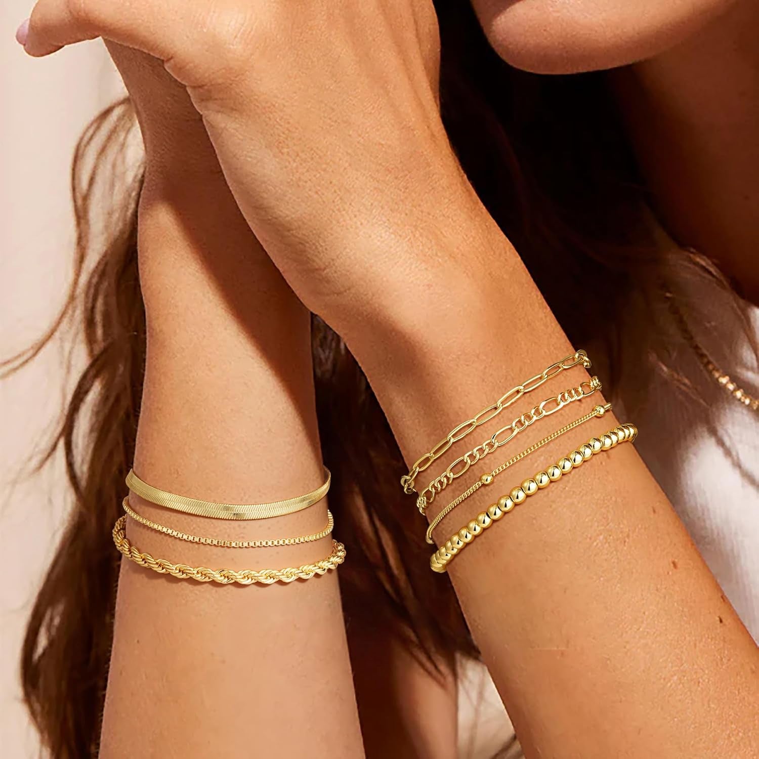 Gold Bracelets for Women - 14K Real Gold Plated Beaded Bracelets Set Rope Paperclip Chain Stackable Bracelet Non Tarnish, Friendship Birthday Jewelry Gifts for Women Teen