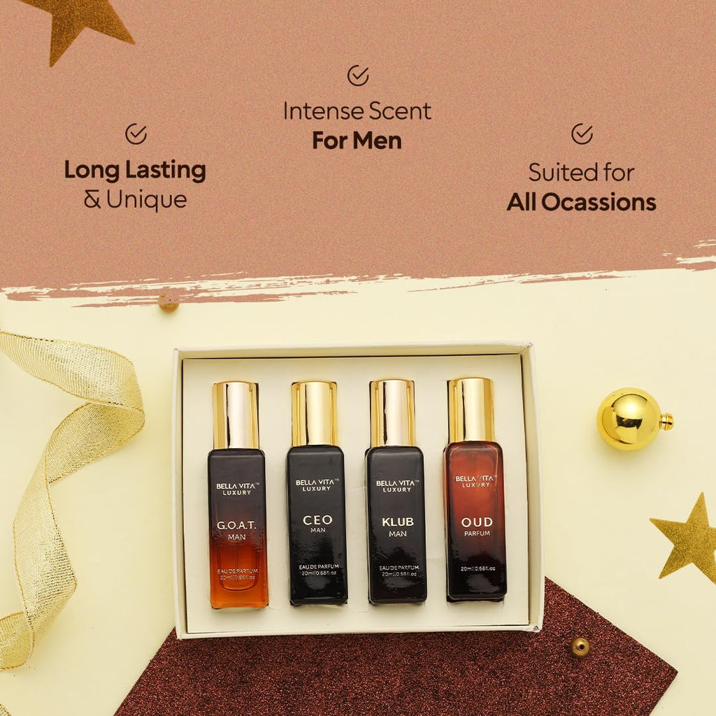 Bellavita Luxury Men'S Perfume Gift Set with CEO Man, G.O.A.T., Klub, and Oud | 80Ml | Perfume for Men | Lavender, Patchouli, Lemon, and Caramel Notes | Long Lasting Men'S Fragrance