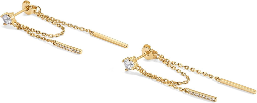 18K Gold Plated 925 Sterling Silver Posts Drop Dangle Chain Earrings for Women | Dangling Chain Studs | Cubic Zirconia Ball Threader Earscapes Earrings